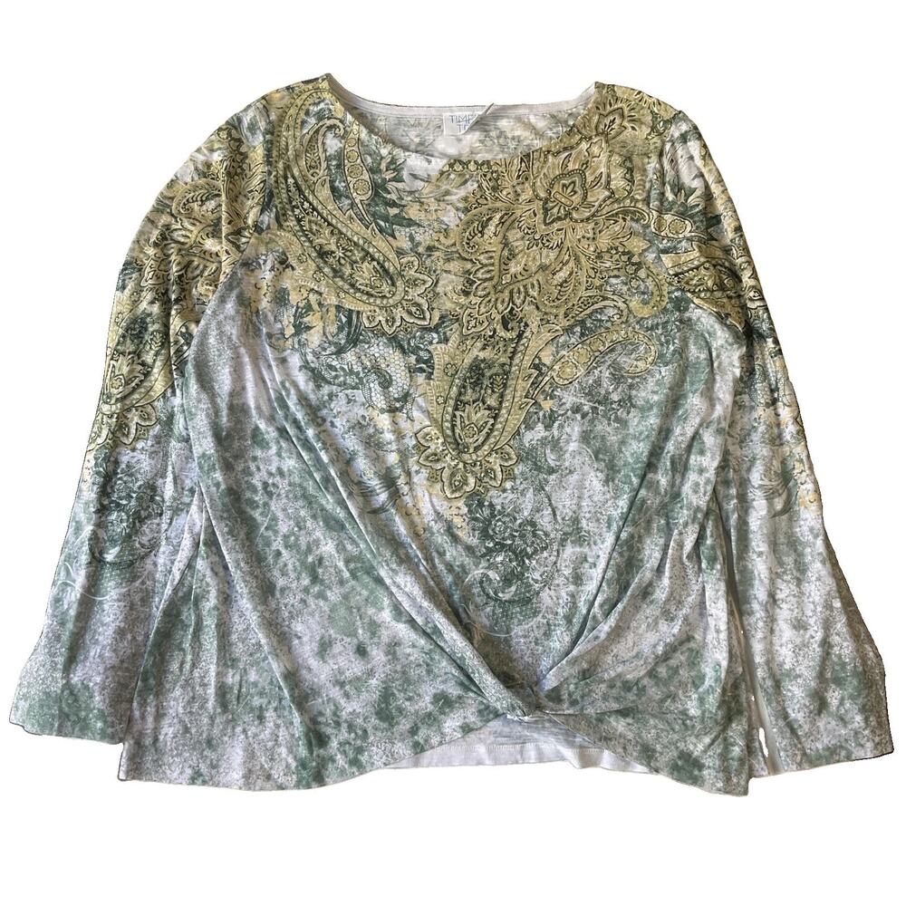 Time And Tru Women Shirt XL (16-18) Green Paisley Crew Neck Pullover Lightweight